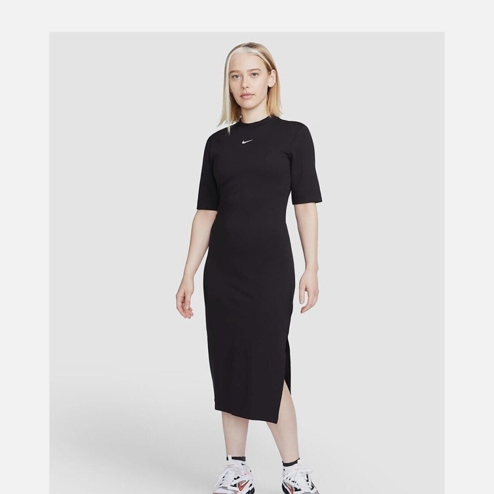 Nike Sportswear Womens S Essentials Tight Jersey Midi Dress Black Center Logo